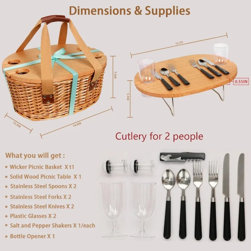 Picnic Basket Set for 2 with Insulated Cooler and Cutlery