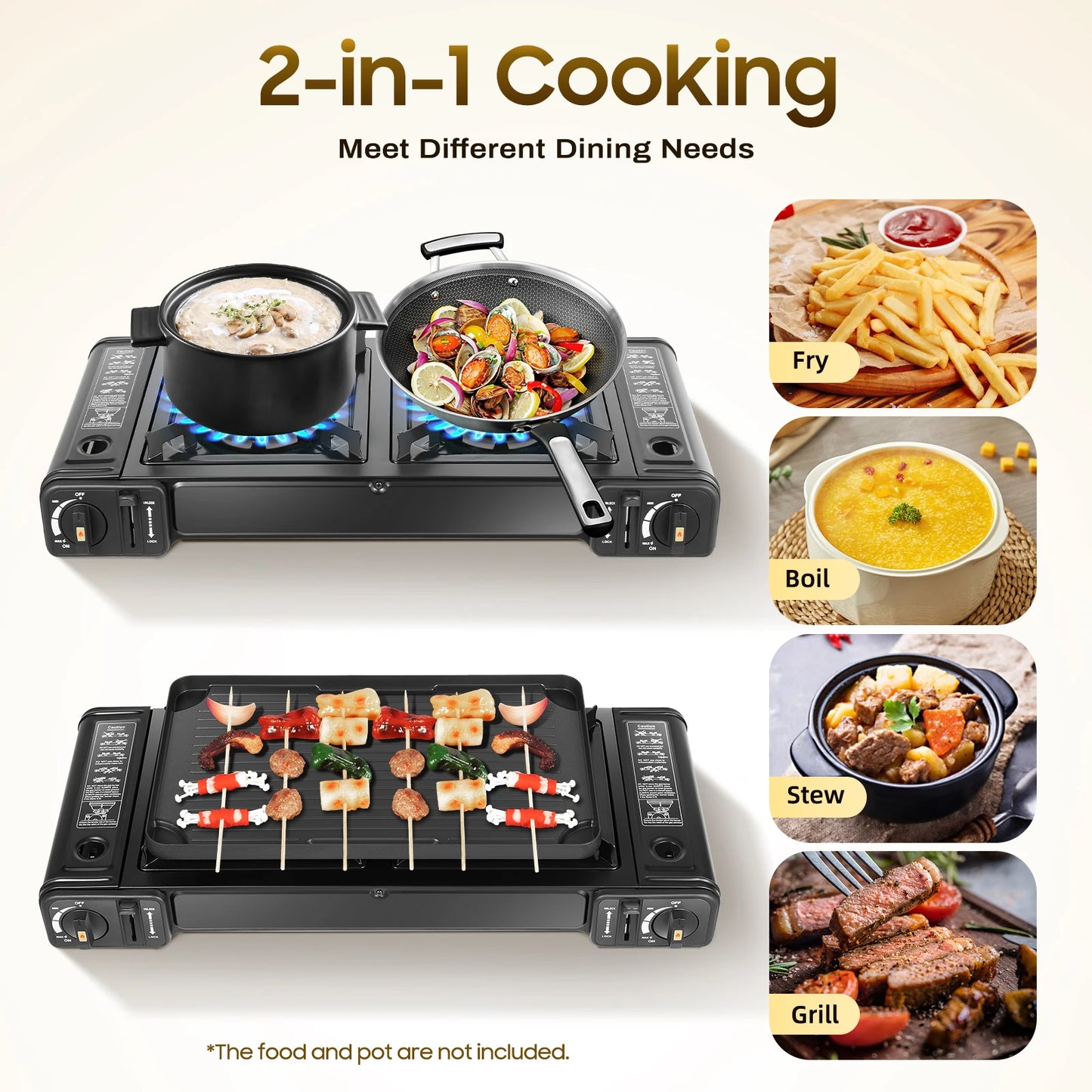 2 In 1 2 Burner Portable Camping Stove Butane Camping Stove Kit with Baking Pan and Carrying Case Auto Ignition Camping Burner LPG